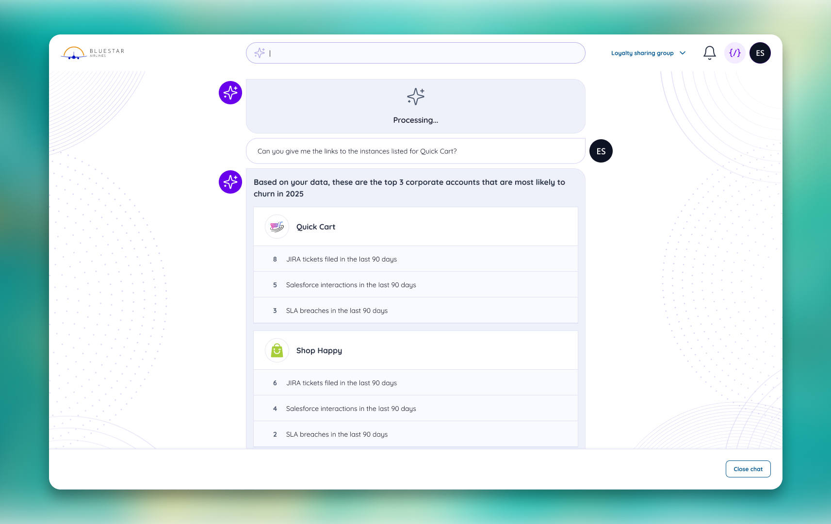 Vendia chat concept rendering account cards in conversation